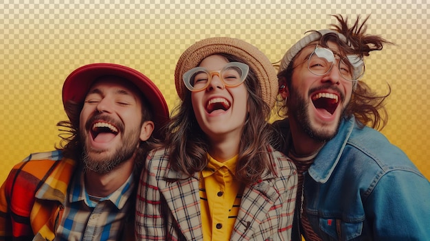 PSD quirky hipster friends laughing in vibrant studio setting