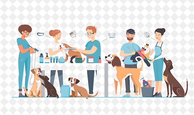 PSD quirky pet groomer with characters grooming and pampering pe png people in daily work illustration