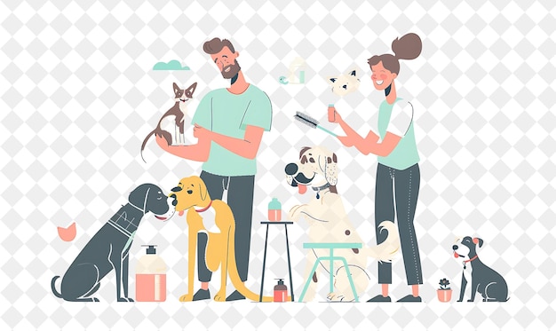 PSD quirky pet groomer with characters grooming and pampering pe png people in daily work illustration