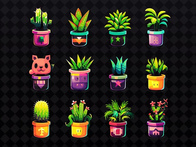 PSD quirky planters 8 bit pixel with animal shapes and bright co png unique y2k design collection