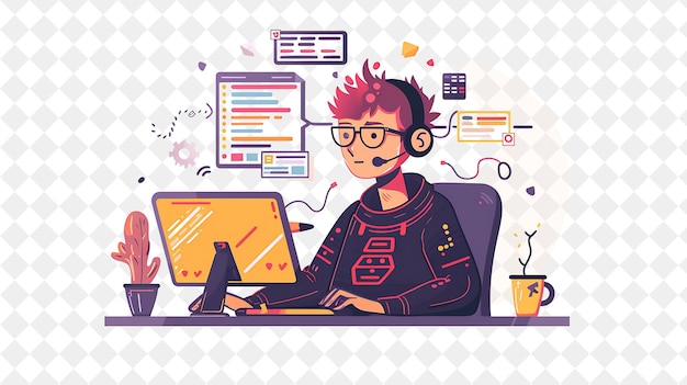 PSD quirky programmer with characters coding and debugging softw png people in daily work illustration