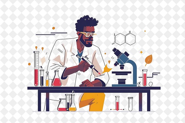 PSD quirky scientist with characters conducting experiments and png people in daily work illustration