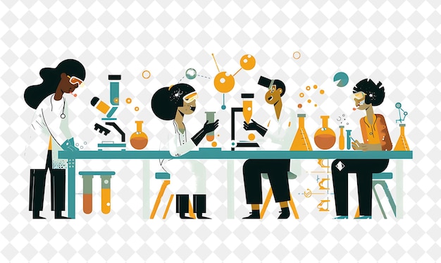 PSD quirky scientist with characters conducting experiments and png people in daily work illustration