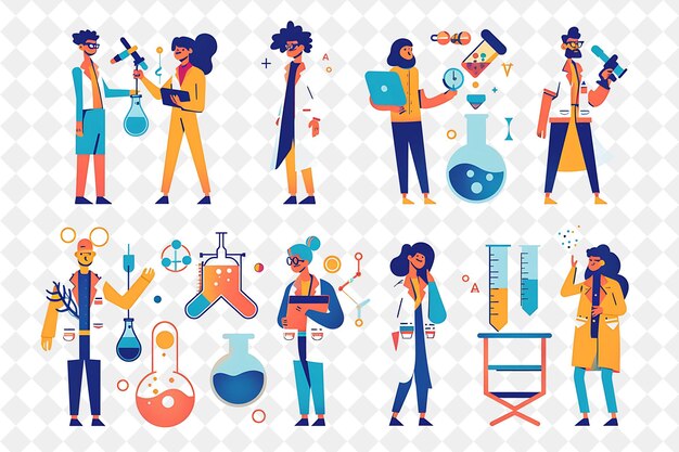 PSD quirky scientist with characters conducting experiments and png people in daily work illustration