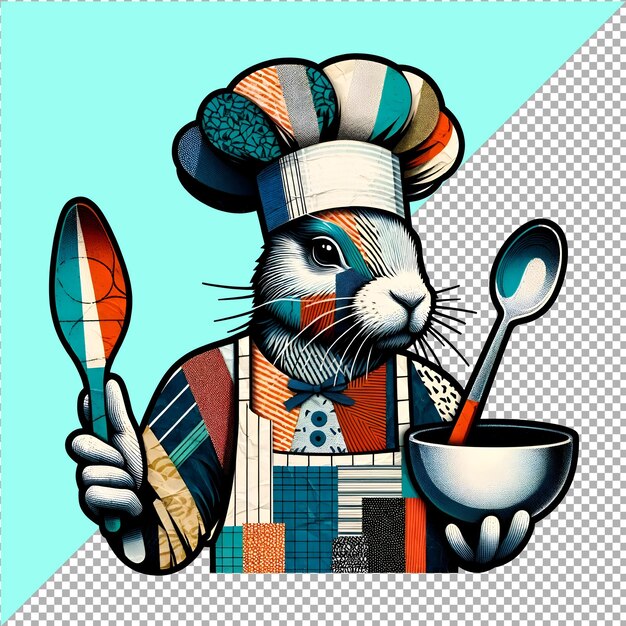 PSD rabbit chef in collage style with hat apron spoon mixing bowl isolated on transparent background