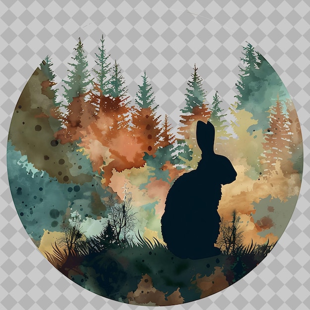 PSD rabbit in a circular silhouette woodland landscape display png watercolor animal designs