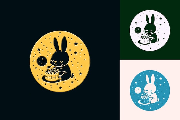 a rabbit and moon are on a black background