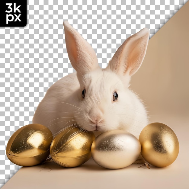 a rabbit sits next to a bunch of gold balls