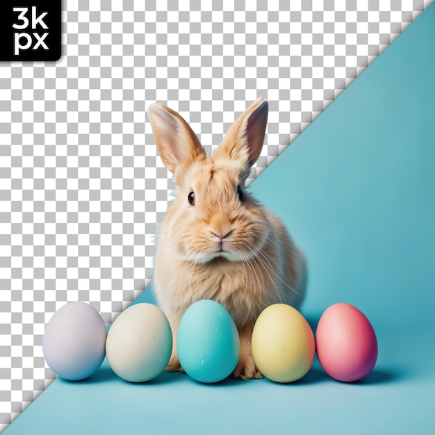 a rabbit sits in front of a blue background with eggs and a black and white x on it