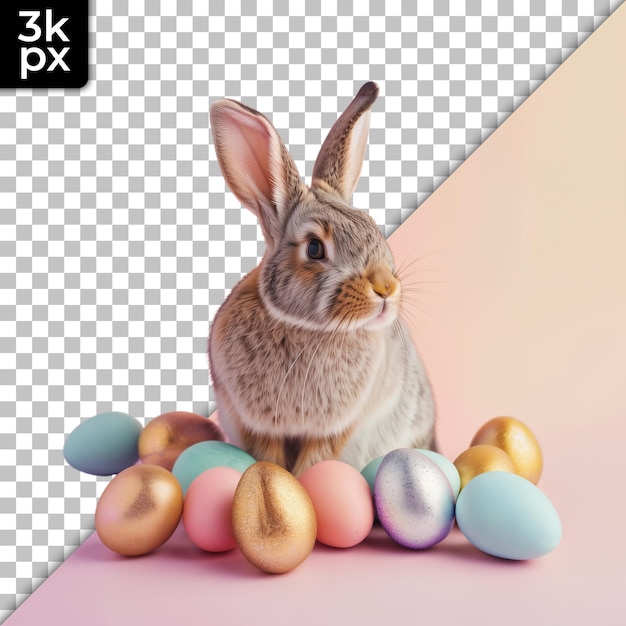 a rabbit sits among many easter eggs and a box of 4