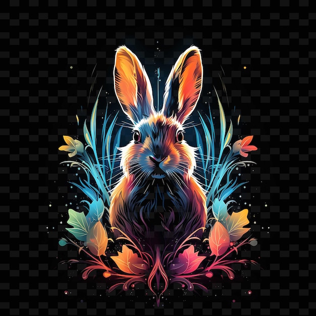 Rabbit Springtime Meadow Flowing Neon Lines Carrots Long Ear PNG Y2K Shapes Transparent Light Arts