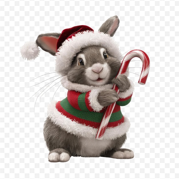 PSD a rabbit wearing a santa hat holds a candy cane