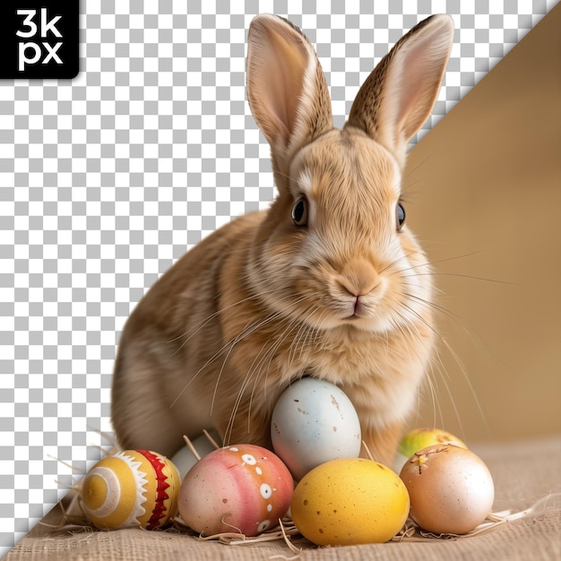 a rabbit with a rabbit on its back sits next to some eggs