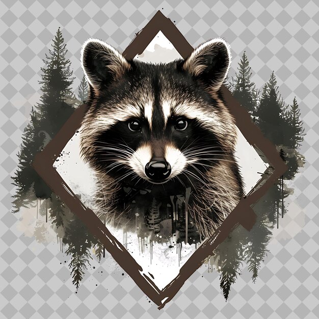 PSD raccoon animal inside a silhouette triangle cave adorned wit png watercolor animal designs