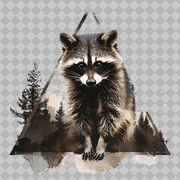 PSD raccoon animal inside a silhouette triangle cave adorned wit png watercolor animal designs