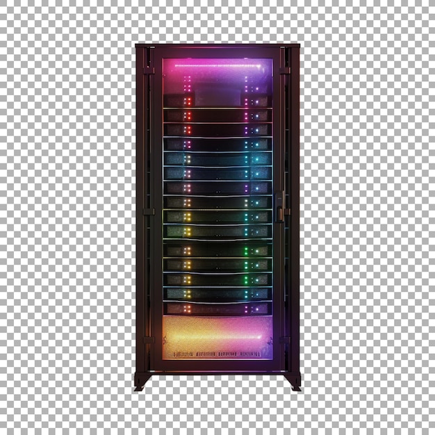 PSD rack of servers in data centers in neon light on transparent background ai generated