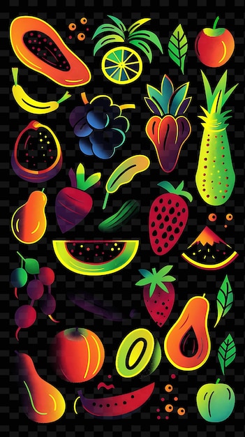 PSD radiant fruits and vegetables arranged in a playful pattern y2k texture shape background decor art