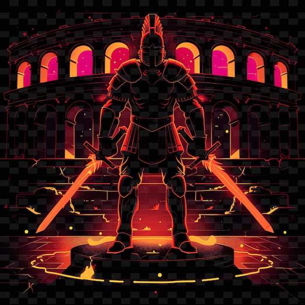 PSD radiant glow of a gladiator in an arena with neon red and br png creative neon line art designs