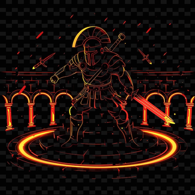 PSD radiant glow of a gladiator in an arena with neon red and br png creative neon line art designs