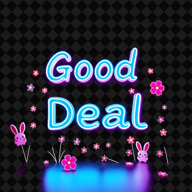 Radiant Good Deal Text Shimmers in Neon Vibrant Blue and Cyan Adorned With Kawaii Bunnies and Flower