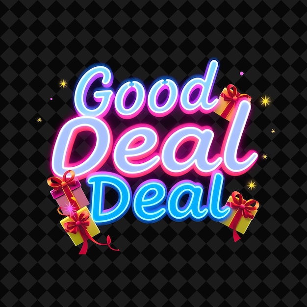 Radiant Good Deal Text Shimmers in Neon Vibrant Blue and Cyan Adorned With Kawaii Presents and Ribbo