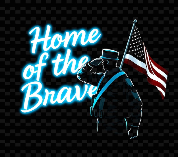 PSD radiant home of the brave text shimmers in neon azure and bright white glowing soldier saluting and