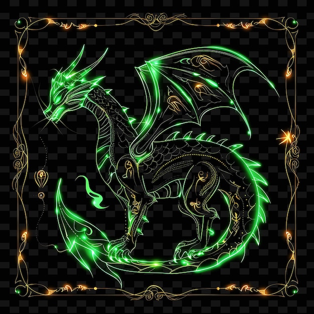 PSD radiant led lights of a dragon with emerald scales breathing png creative neon line art designs