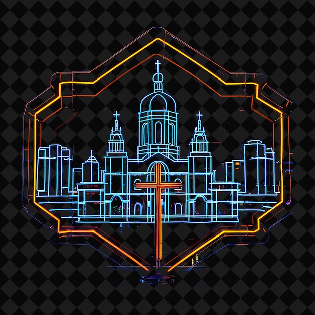 PSD radiant neon cebu cityscape within a silhouette hexagon land png y2k monoline cityscape collage art