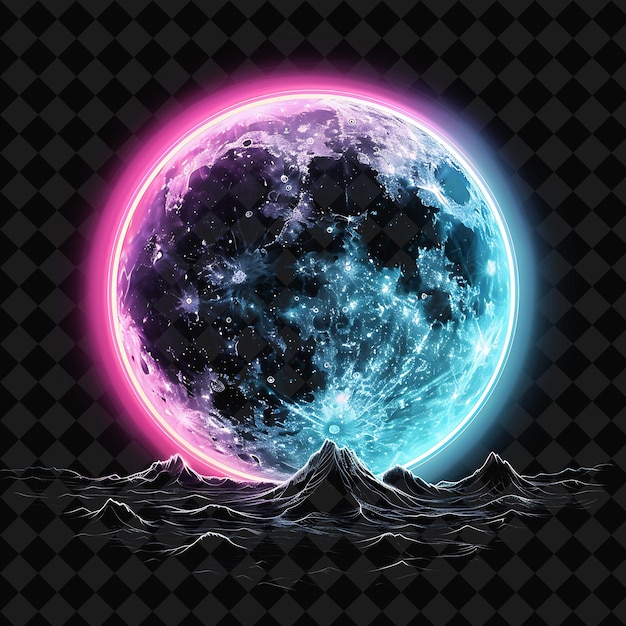 PSD radiant neon full moon inside a silhouette circular shape la png y2k neon space designs