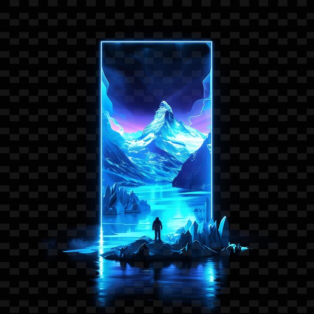 PSD radiant neon glacial lakes inside a silhouette rectangle lan illustration nature landscape designs