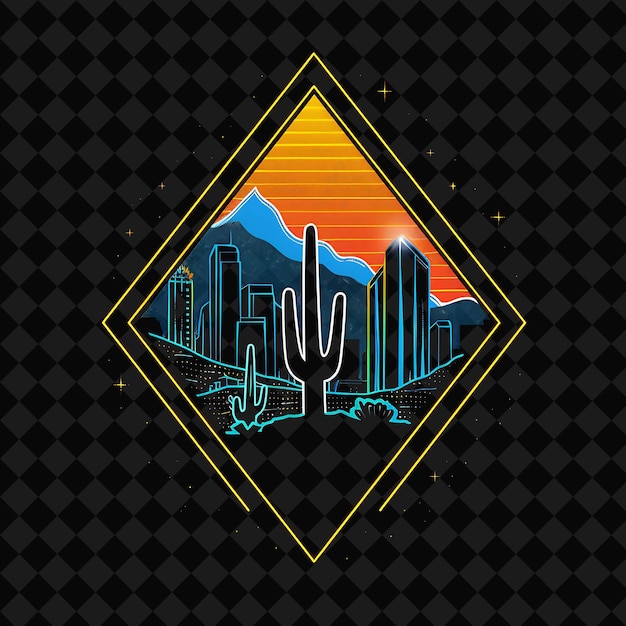 PSD radiant neon phoenix skyline within a triangular silhouette png y2k monoline cityscape collage art