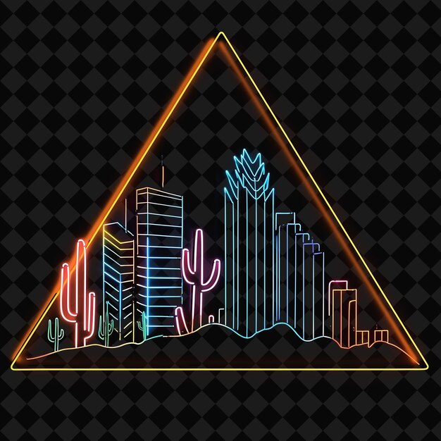 Radiant Neon Phoenix Skyline Within a Triangular Silhouette PNG Y2K Monoline Cityscape Collage Art