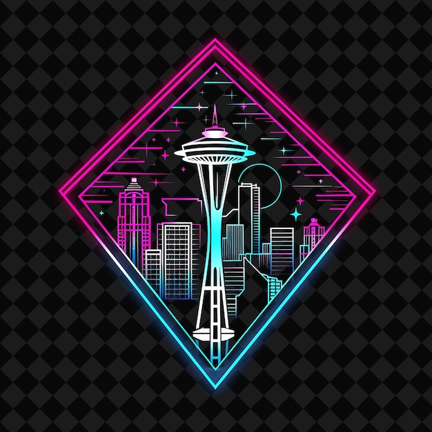 PSD radiant neon seattle skyline within a silhouette triangle la png y2k monoline cityscape collage art