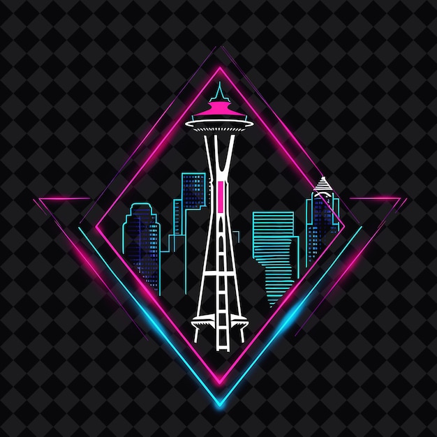 PSD radiant neon seattle skyline within a silhouette triangle la png y2k monoline cityscape collage art