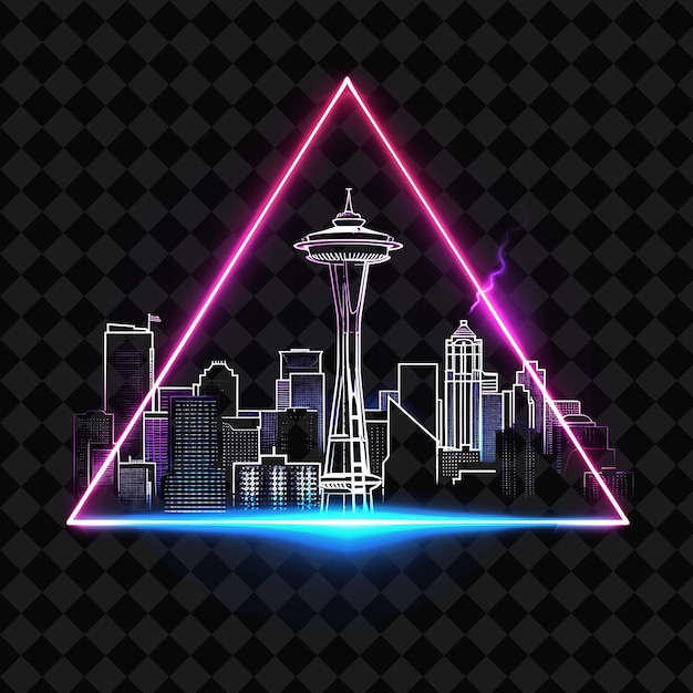 PSD radiant neon seattle skyline within a silhouette triangle la png y2k monoline cityscape collage art