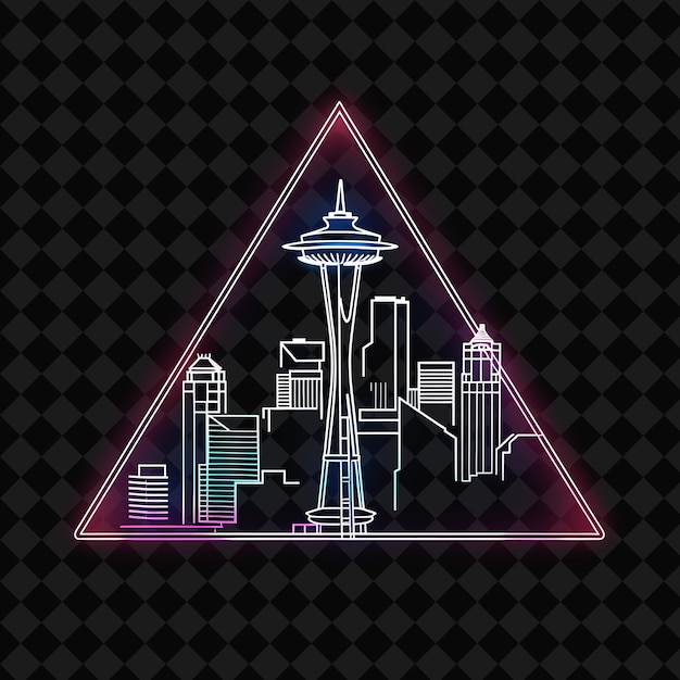 PSD radiant neon seattle skyline within a silhouette triangle la png y2k monoline cityscape collage art