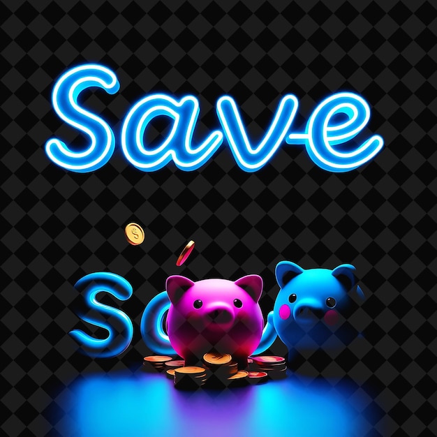 PSD radiant save text shimmers in neon vibrant blue and cyan adorned with kawaii coins and piggy banks e