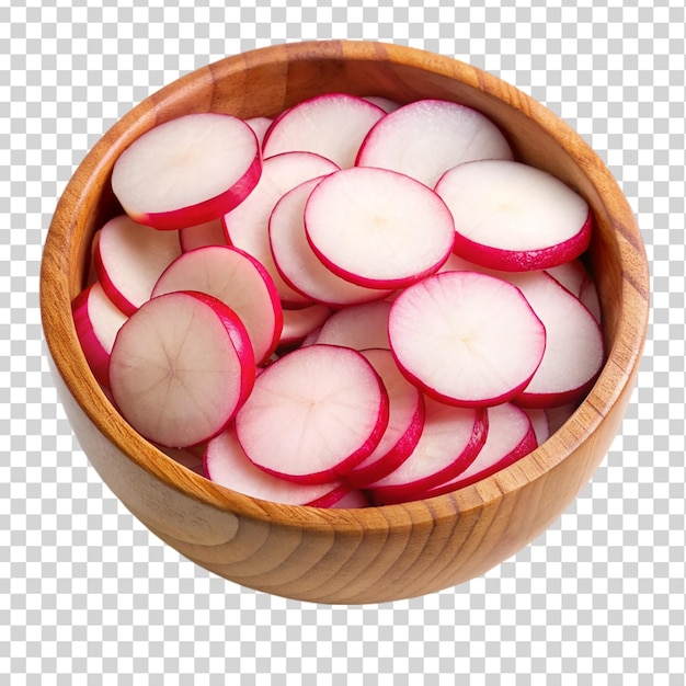 PSD radish slices in wooden bowl isolated on transparent background