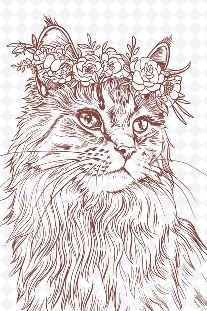 Ragdoll Cat Wearing a Floral Crown With a Serene Expression Animals Sketch Art Vector Collections