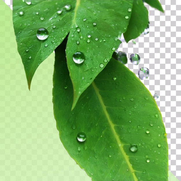 PSD rain water droplets on a green leaf isolated on a transparent background