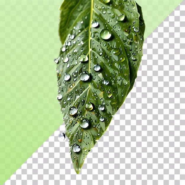 PSD rain water droplets on a green leaf isolated on a transparent background