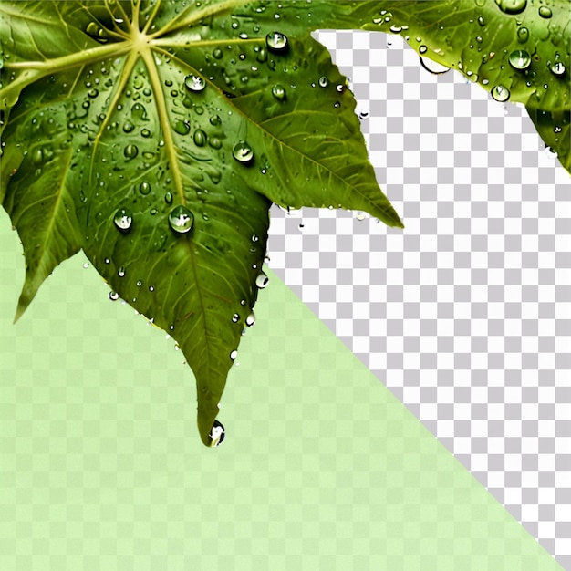 PSD rain water droplets on a green leaf isolated on a transparent background