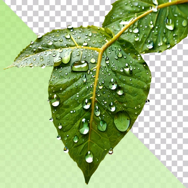 Rain water droplets on a green leaf isolated on a transparent background