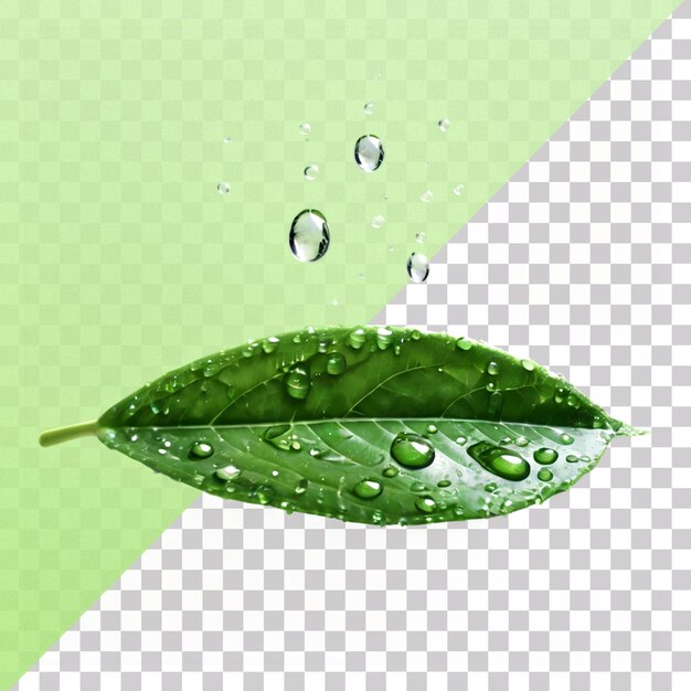 PSD rain water droplets on a green leaf isolated on a transparent background