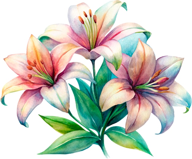 rainbow color of watercolor painting a batch of lily flowers