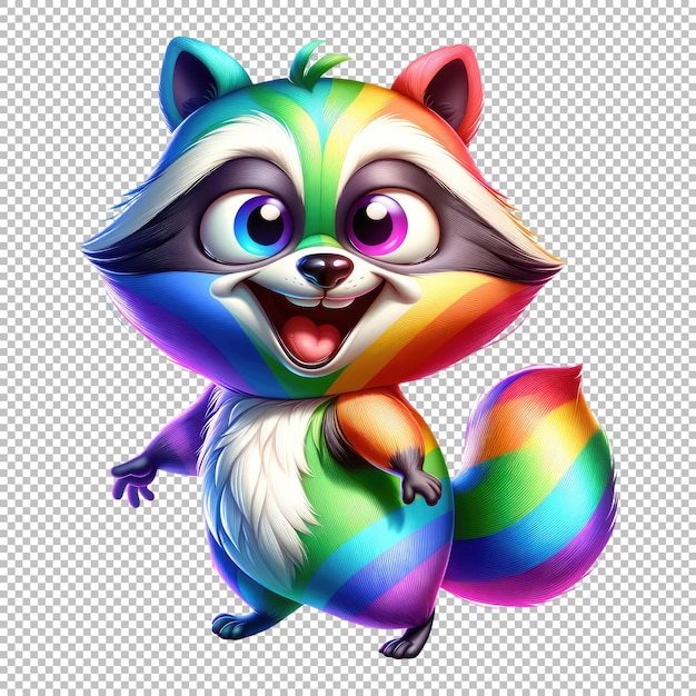 Rainbow colored raccoon isolated on transparent background