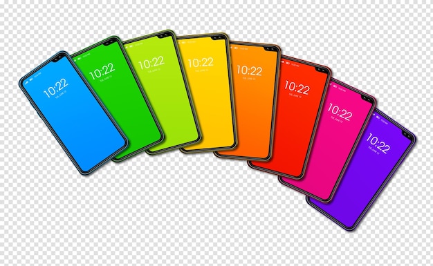 Rainbow colorful smartphone set banner Isolated on transparent 3D render