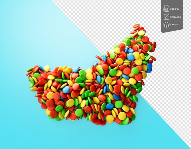 Rainbow Multicolored Sweet Candy Dragees In Shape Of UAE Map On Blue Background 3d Illustration