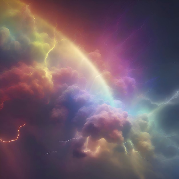 Rainbow nebula sky and thunder Colorful background AiGenerated