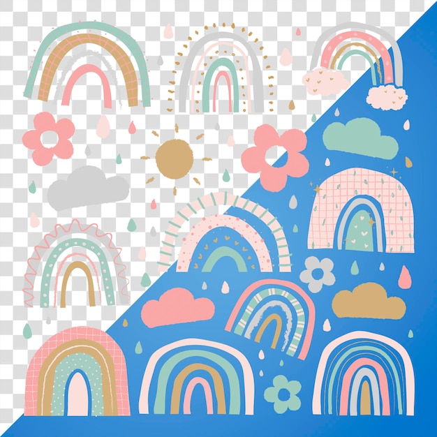 PSD rainbow png sticker in cute doodle style set